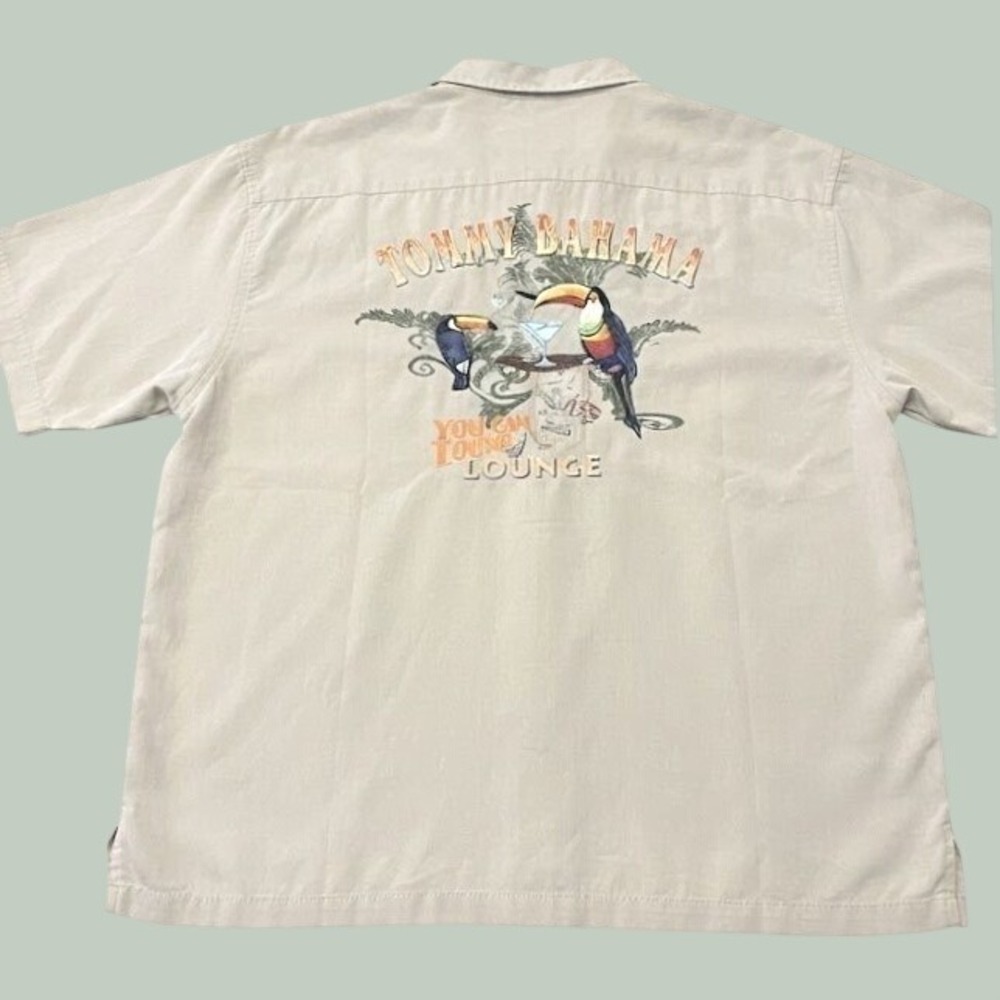 Tommy Bahama 100% Silk Camp Shirt Mens XL Tan Toucan Lounge Back Embroidered